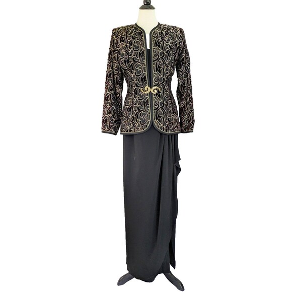 VTG Karen Lawrence Sz 10 Gold Black Brocade Velvet Jacket with Long Black Dress - Picture 2 of 16